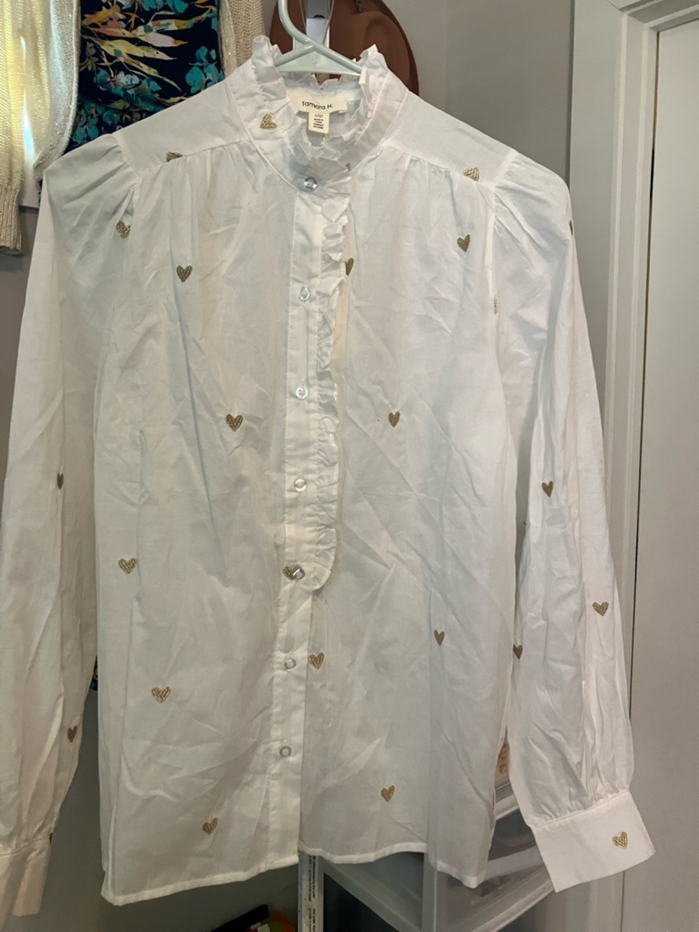 Topshop White Button-Down Blouse with Gold Heart Embroidery